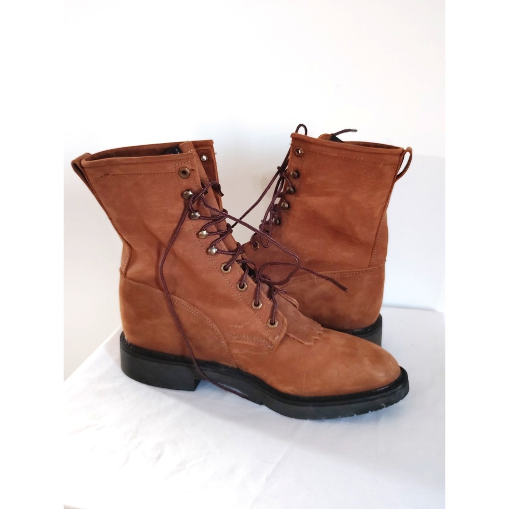 Justin Work Boots 0760 Men 10EE Tan Leather Kiltie Western Cowboy Preppy Lace Up